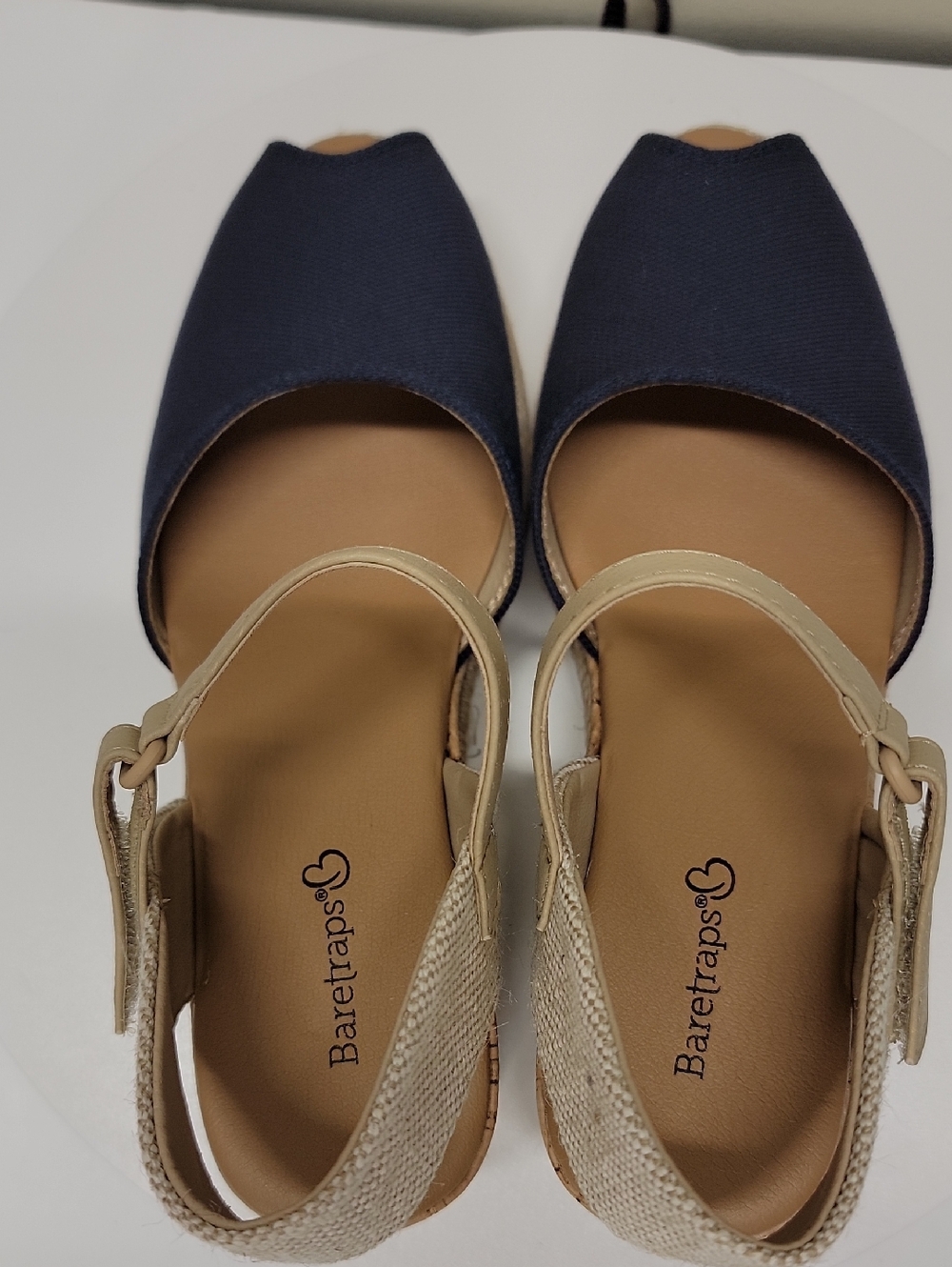 BARETRAPS-NEW IN BOX- Navy Canvas and Beige Cork Wedge Sandals - Picture 10 of 13